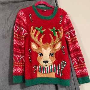 Cozy Red Reindeer Sweater with Green Accents
